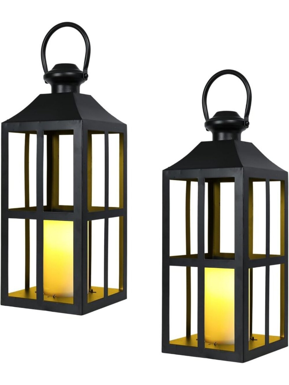 Set of 2 Black Metal Outdoor Lanterns with LED Candles - 17.7 Inch Decorative